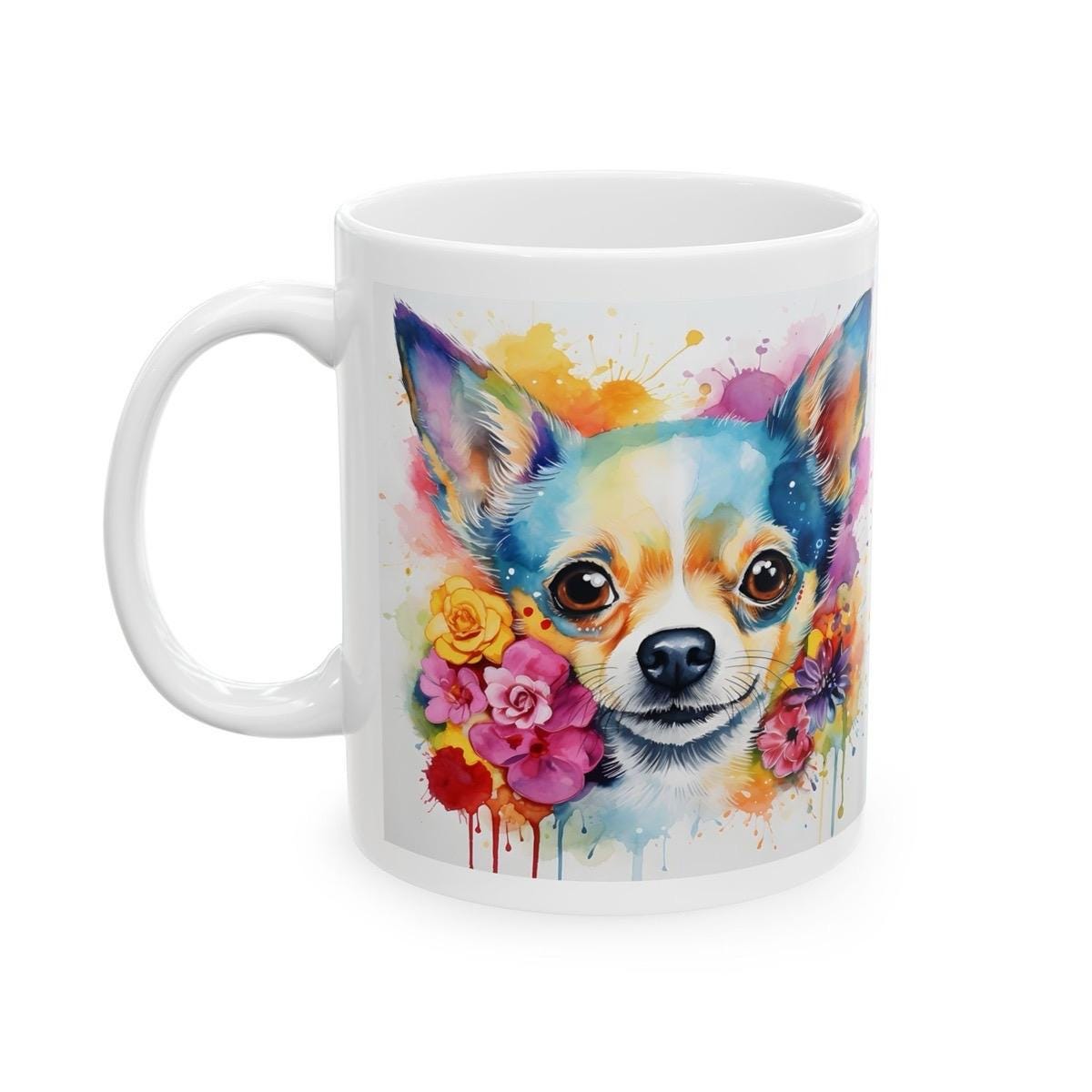 Chihuahua floral art mug for coffee and tea - perfect christmas or birthday gift - cup, drinkware washable reusable tumbler reuse ceramic fe
