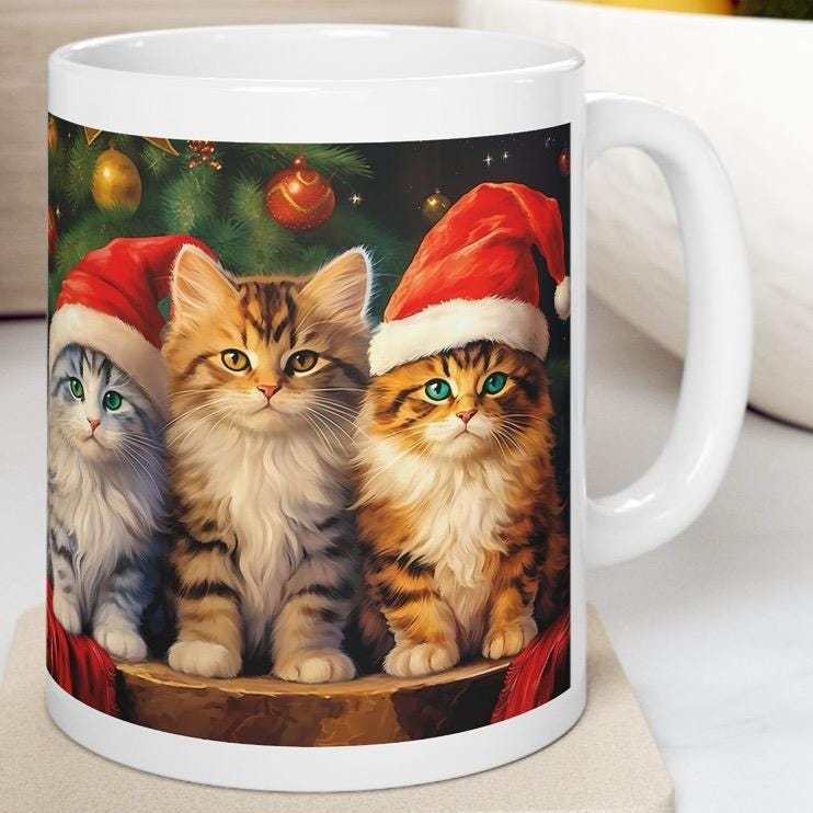 Christmas kitten cat cute mug - secret santa stocking filler gift drinkware tumbler cup washable reuse coffee reusable ceramic mugs pet cust