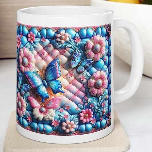Pink blue quilted 3d butterfly flower mug - perfect for your morning drinks - drinkware, tumblers reusable washable cup coffee reuse ceramic
