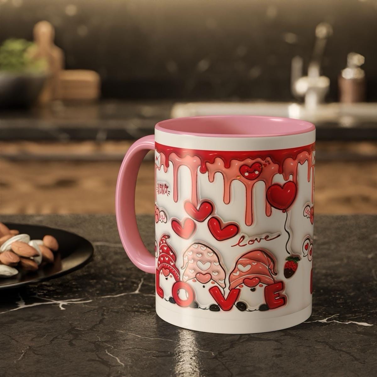 Gonk gnome valentine's day love pink mug gift - cute hearts 3d style drip effect drinkware cup coffee tumblers reusable ceramic washable reu
