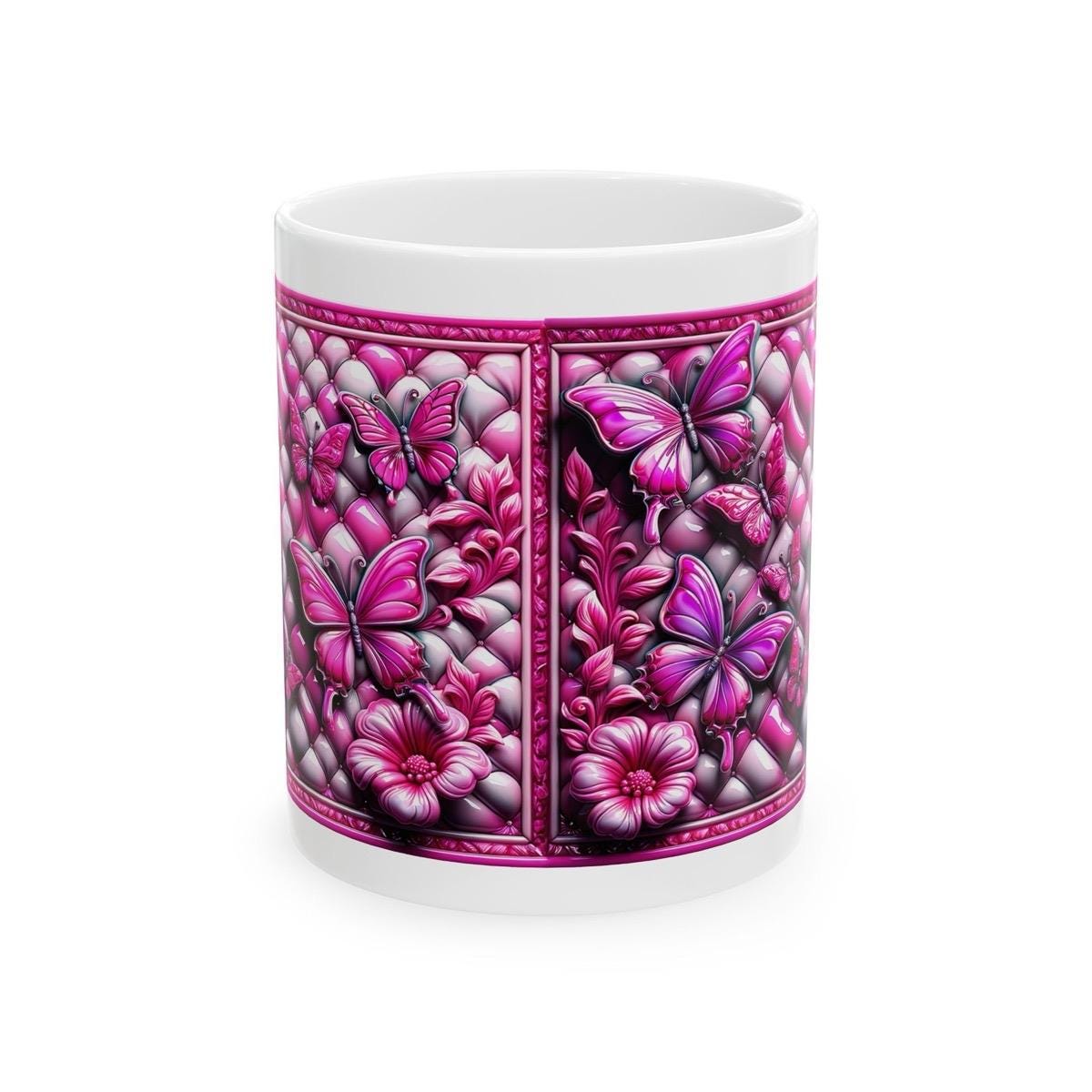 Bright pink quilted butterfly flower 3d mug - perfect for coffee and tea - drinkware tumbler reusable washable cup ceramic reuse xmas mugs