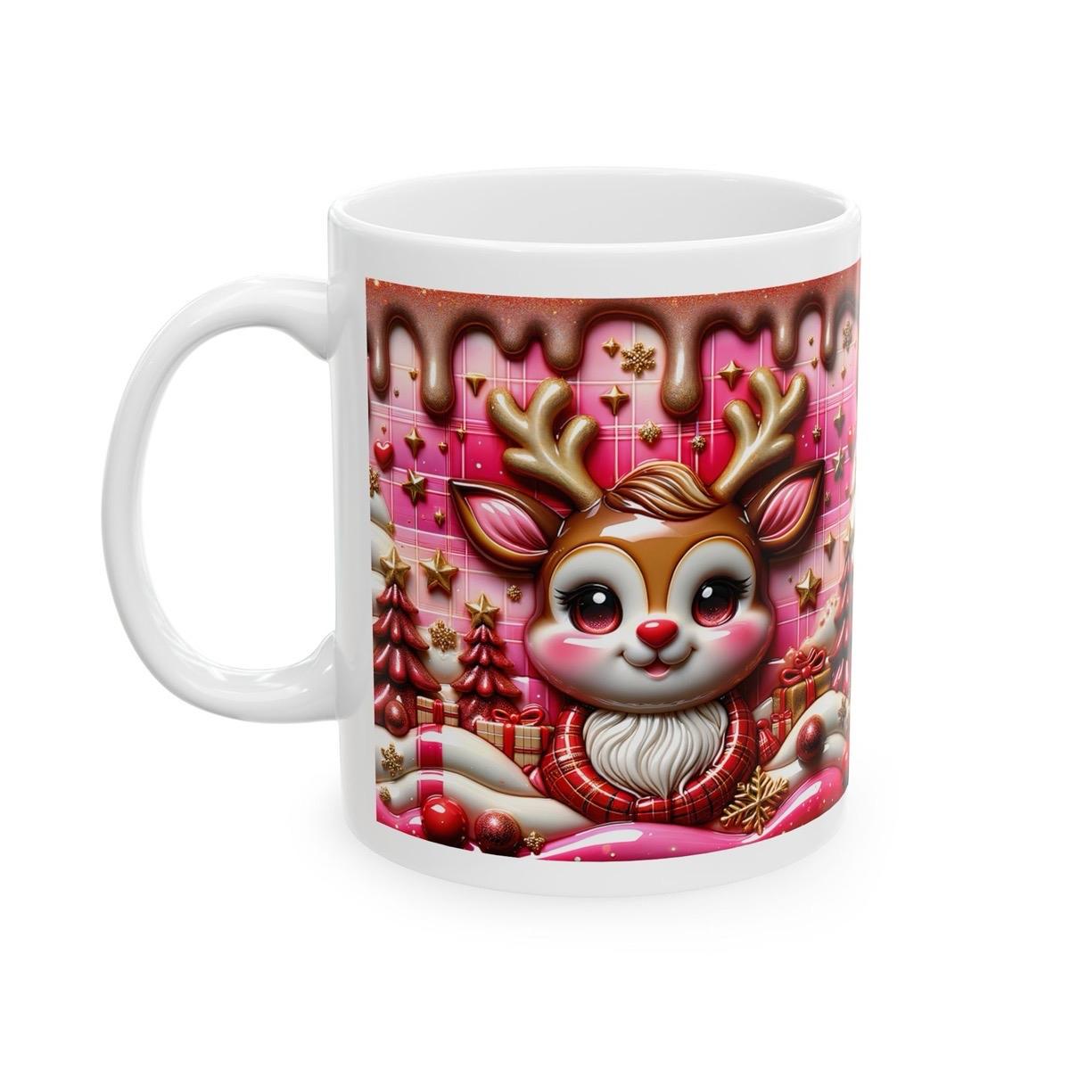 3d sparkly pink festive deer mug - cozy holiday design with pink and brown accents - perfect christmas gift drip effect drinkware reuse coff