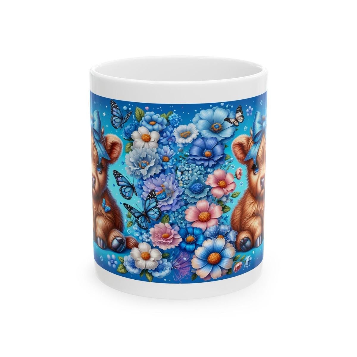 Cute highland cow in blue garden 3d mug - perfect for your morning drinks - drinkware, tumblers washable cup reusable coffee reuse ceramic x