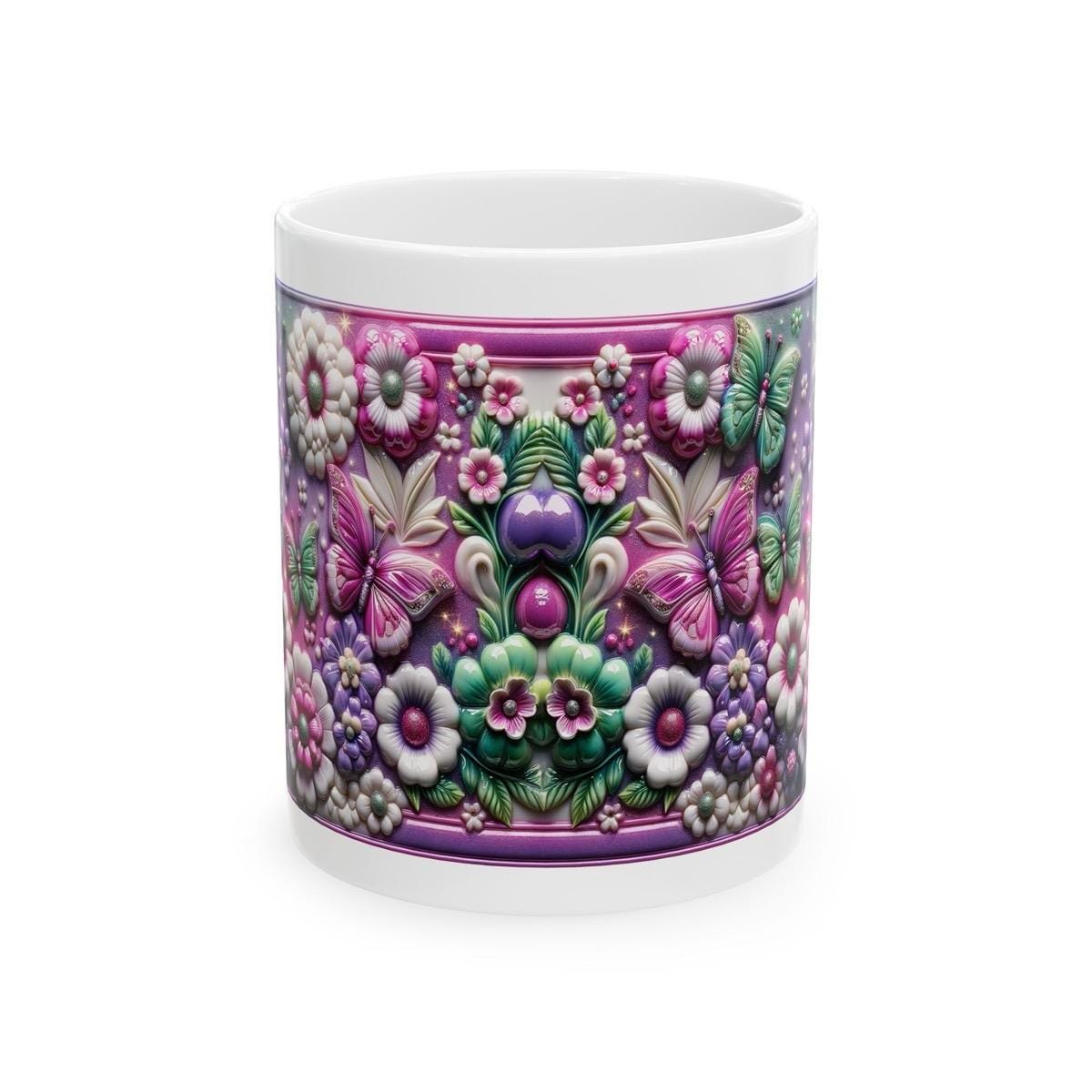 Flowers and butterflies 3d pink mug - perfect for your morning drinks - tumblers, drinkware reusable washable cup reuse coffee ceramic xmas