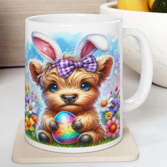 Easter highland cow mug - cute gift - perfect for hot drinks - drinkware, tumblers cup bottles reusable washable portable reuse ceramic coff