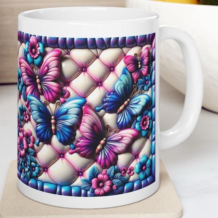 Pink blue quilted 3d mug - perfect for hot and cold drinks - drinkware, tumblers cup ceramic coffee reusable bottles reuse washable glass