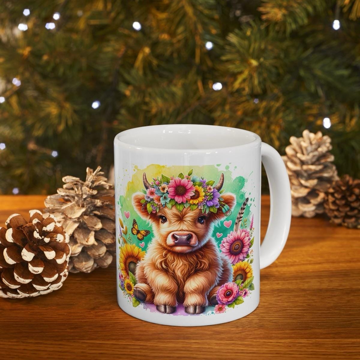 Highland cow flower crown 3d mug - perfect for coffee and tea - drinkware cup washable tumbler reuse ceramic reusable xmas mugs festive stur