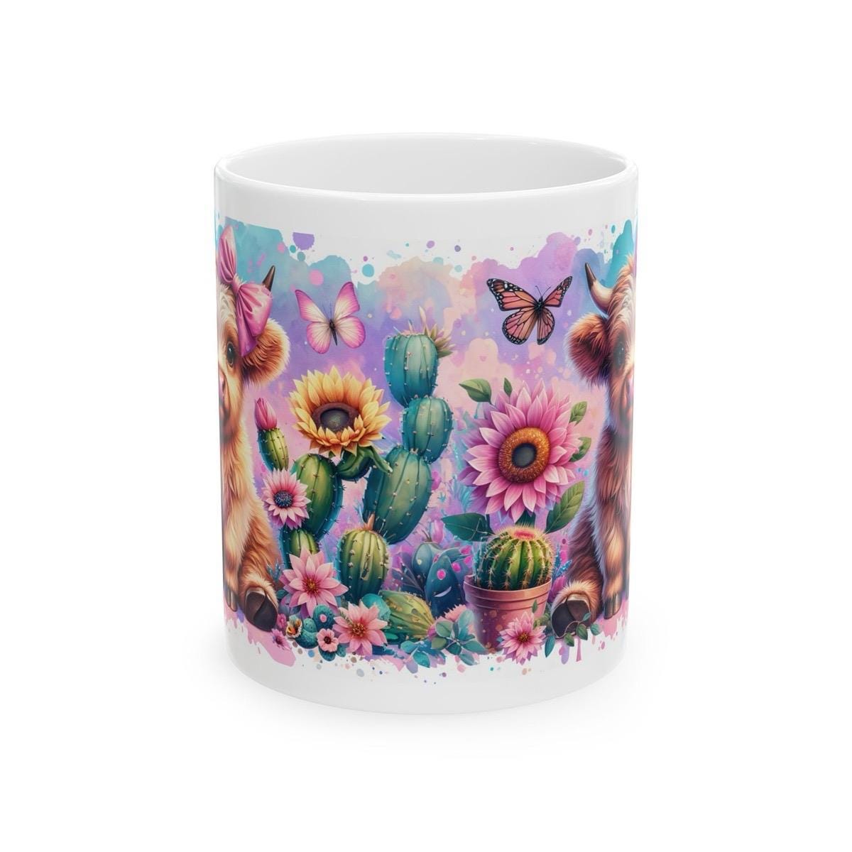 Cute highland cow 3d mug with pink bow and butterfly - perfect for your morning drinks - drinkware, tumblers cup washable reusable coffee ce