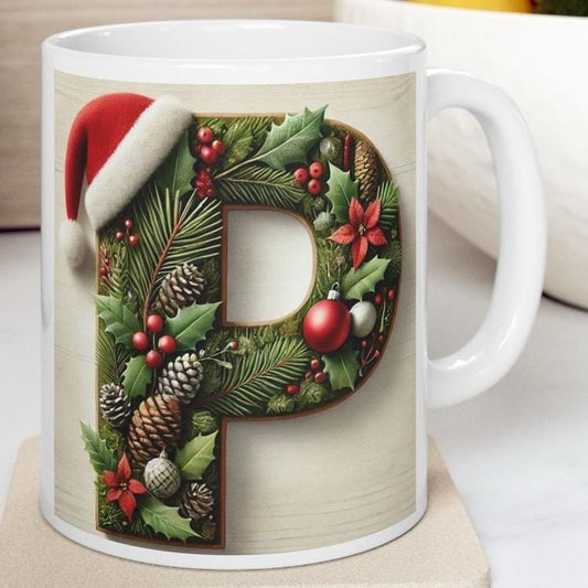 Personalised 'p' edition christmas mug - unique gift for xmas - stocking filler - drinkware washable reusable reuse ceramic cup tumbler coff