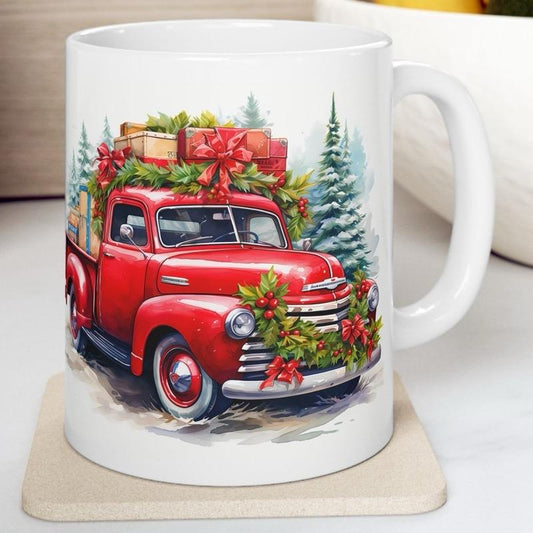 Christmas red retro truck mug - secret santa stocking filler gift drinkware reusable reuse tumbler washable ceramic xmas mugs tea festive fu