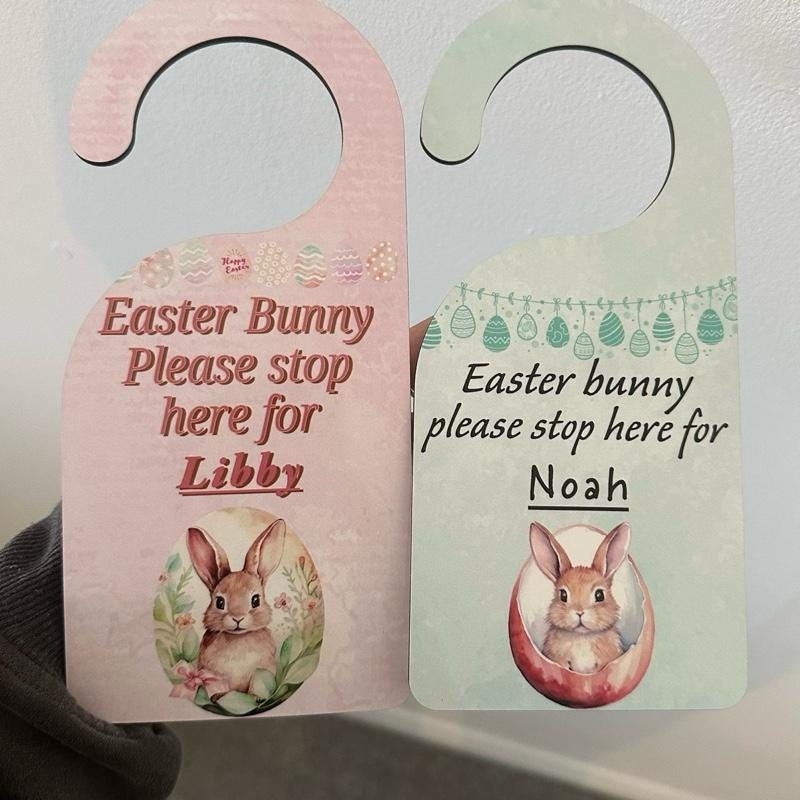 Personalised easter bunny please stop here door hanger for kids - pink/blue - hangable, ornaments, hanging, decoration, decor gift kids gift