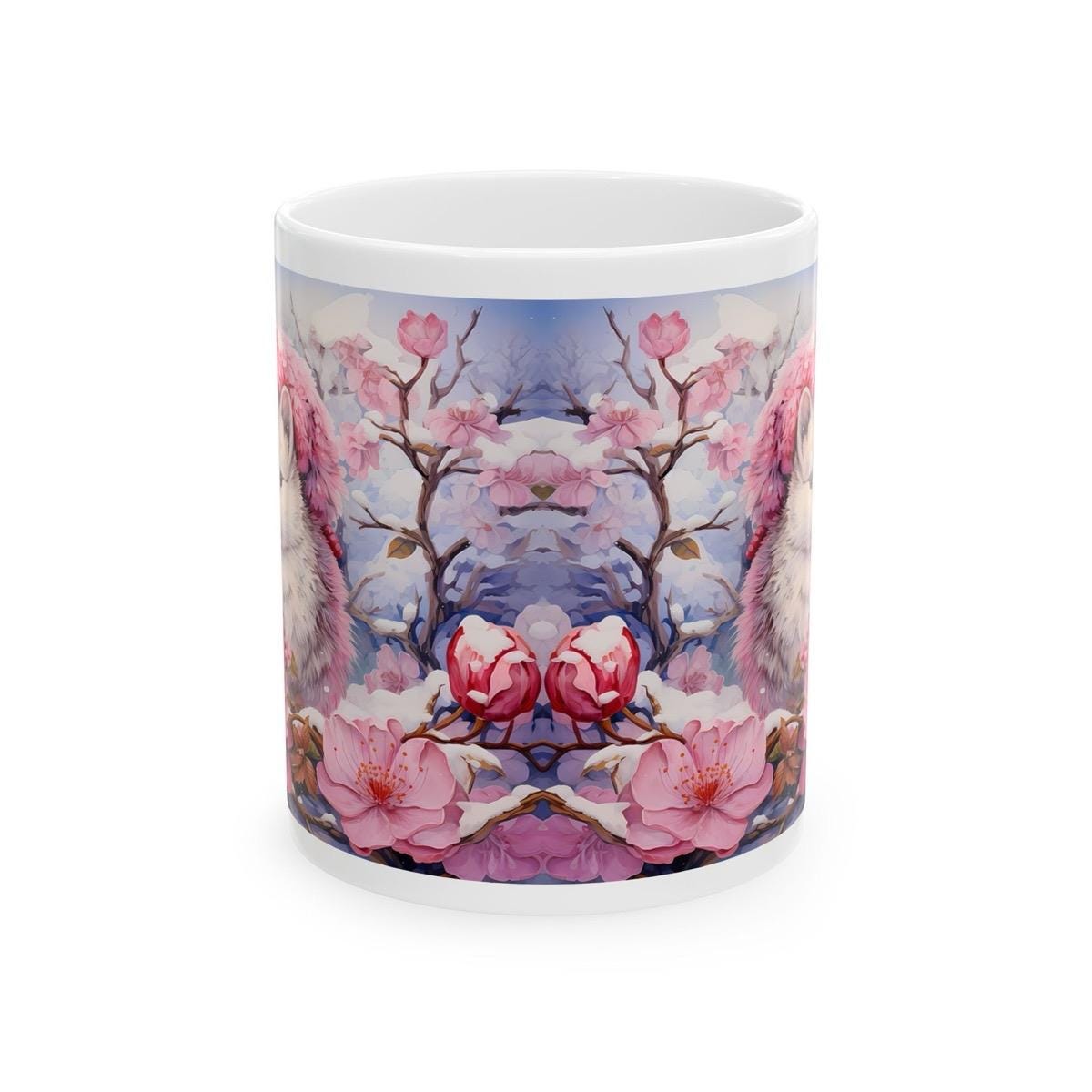 Floral winter cute christmas pink mug - secret santa stocking filler gift drinkware tumbler washable reuse cup reusable coffee ceramic xmas