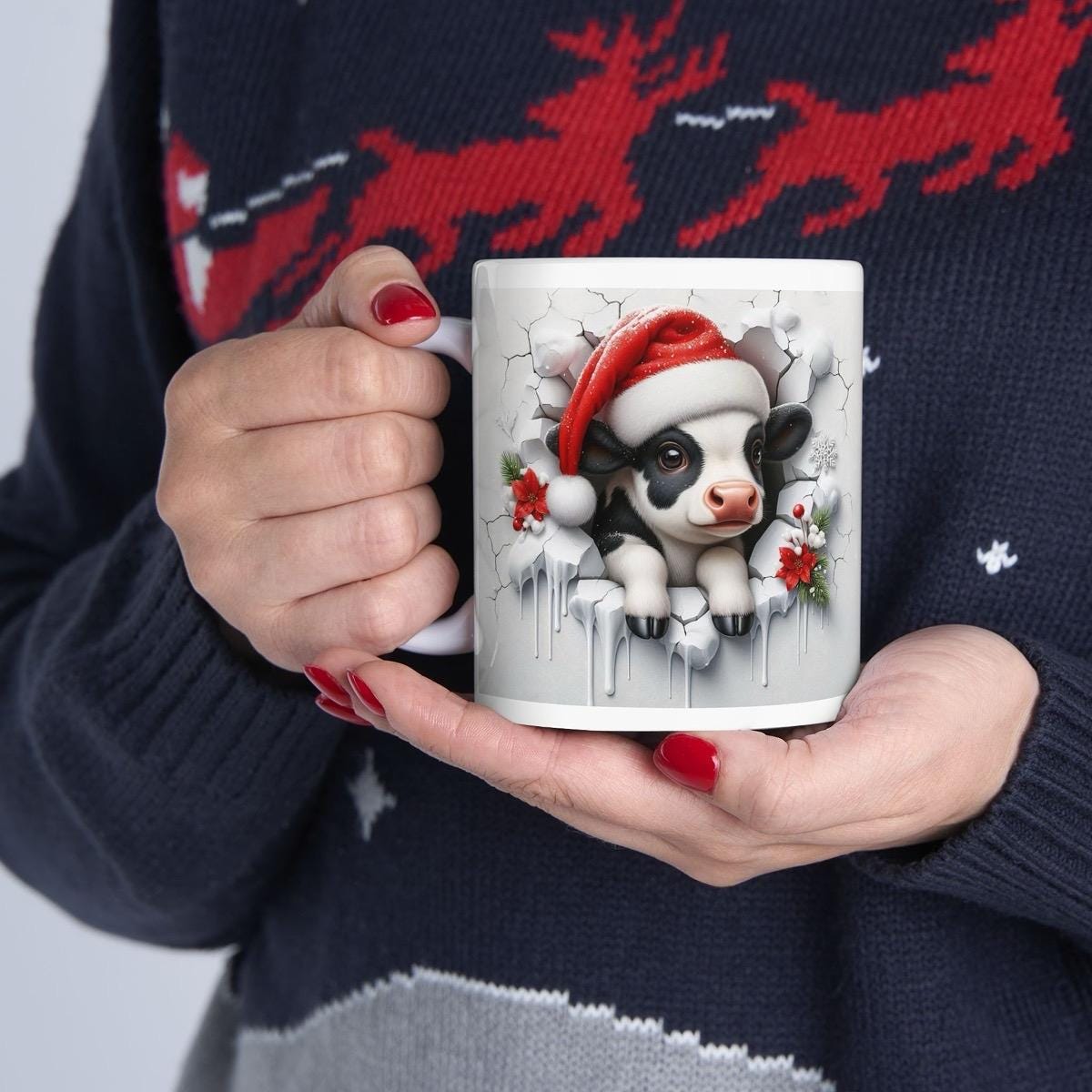 Cute baby cow calf christmas 3d mug - perfect for drinks - tumblers, drinkware cup coffee reusable washable ceramic reuse xmas mugs tea fest