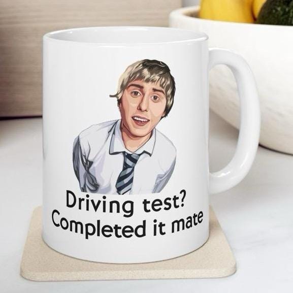 Funny mug - inbetweeners driving test completed it mate mug - funny inbetweeners jay cartwright gift coffee mug drinkware washable reusable