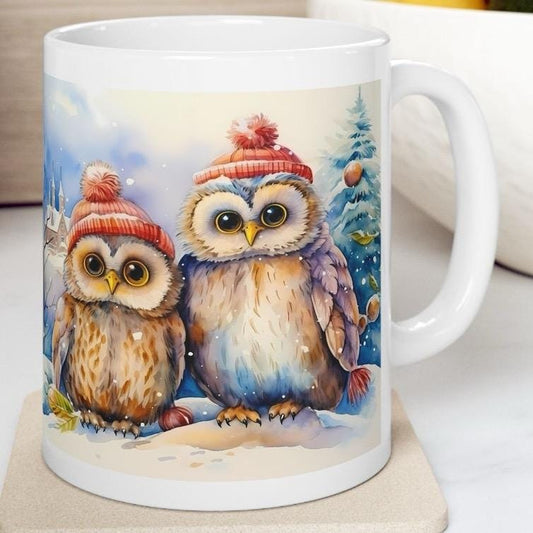 Cute owls christmas mug - secret santa stocking filler gift drinkware tumbler washable coffee reuse cup reusable ceramic xmas mugs tea festi