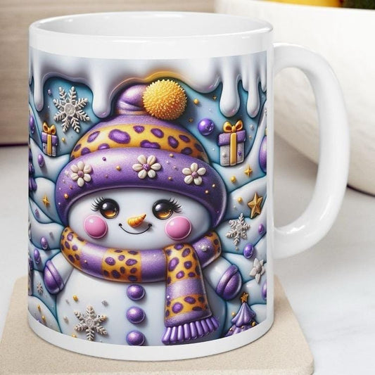Cute 3d snowman mug – whimsical winter design with purple and gold accents, perfect for festive gifting! drinkware reusable washable tumbl
