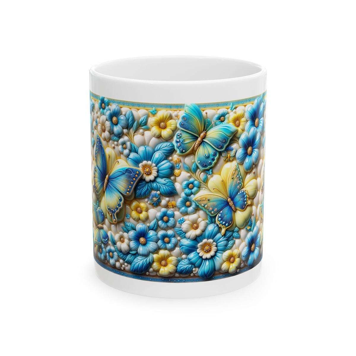 Yellow blue flower butterfly 3d mug - perfect for your morning drinks - tumblers, drinkware reusable washable coffee cup reuse ceramic