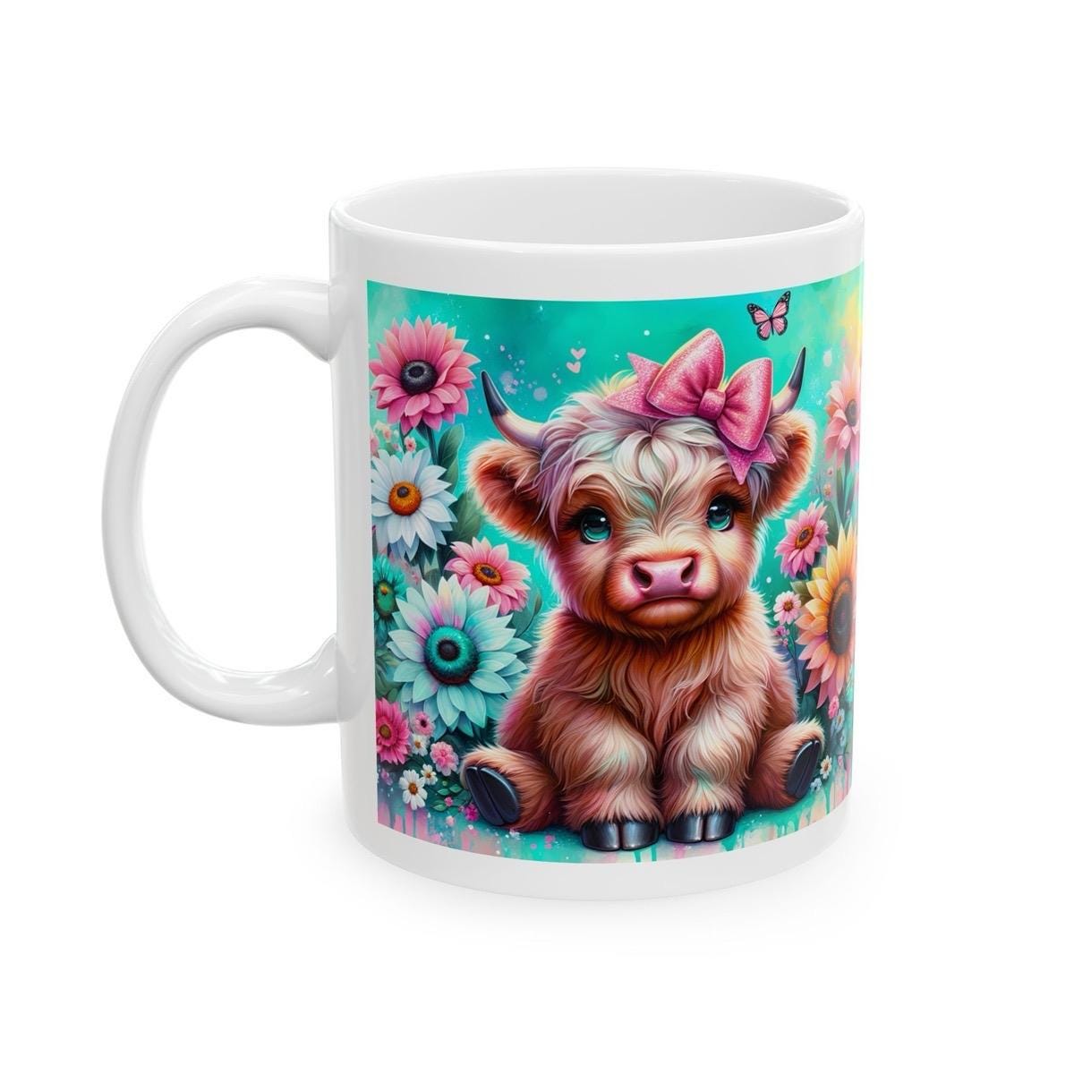 Cute highland cow 3d mug in magical garden - perfect for your morning drinks - drinkware, tumblers washable reusable coffee ceramic reuse cu