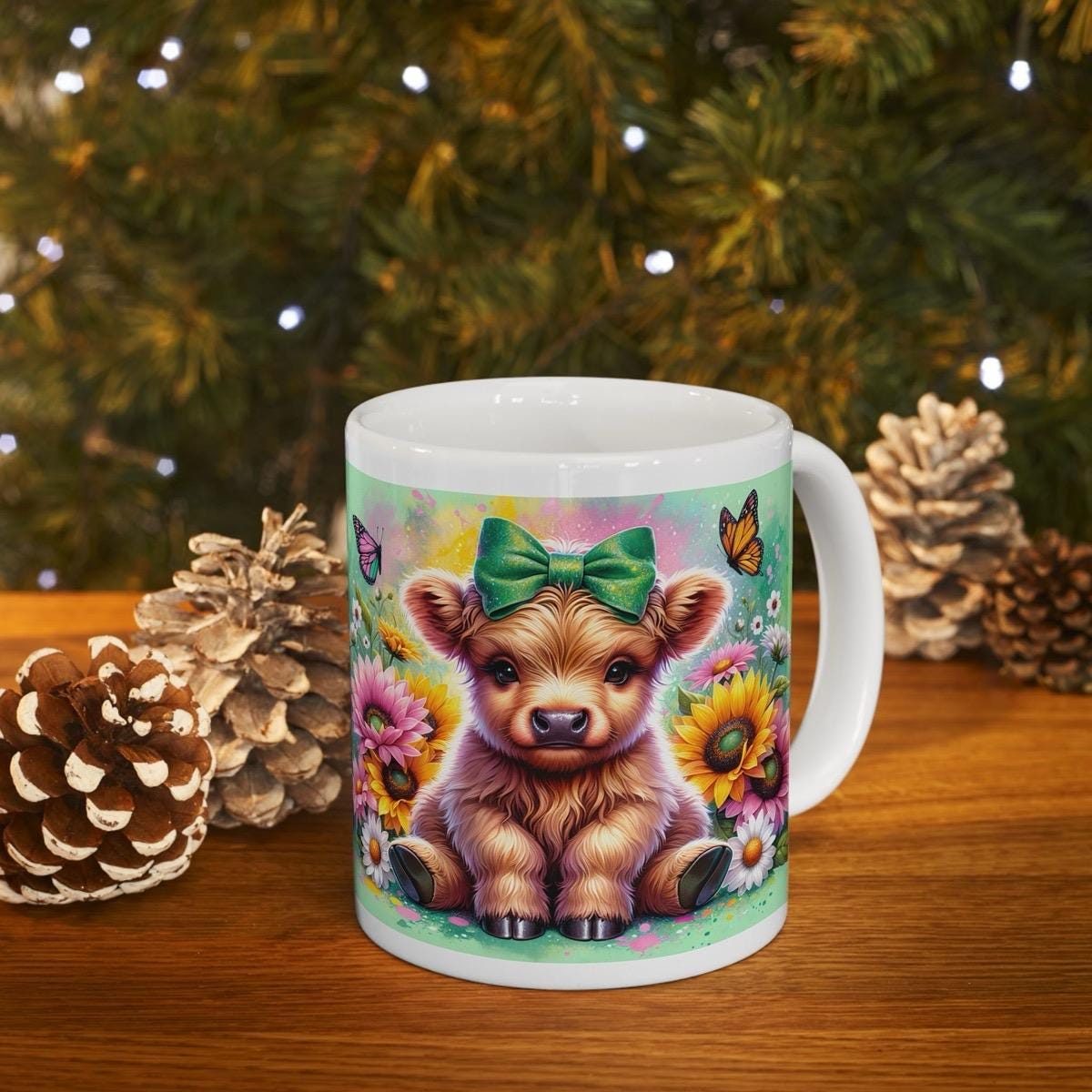 Cute highland cow 3d mug with green bow and butterfly - perfect for coffee and tea - drinkware reusable ceramic washable reuse tumbler cup x