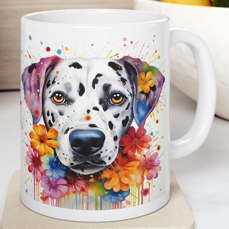 Dalmatian dog floral art mug for coffee and tea, perfect christmas or birthday gift drinkware cup tumblers washable reusable ceramic reuse m
