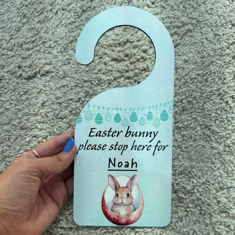 Personalised easter bunny please stop here door hanger for kids - pink/blue - hangable, ornaments, hanging, decoration, decor gift kids gift