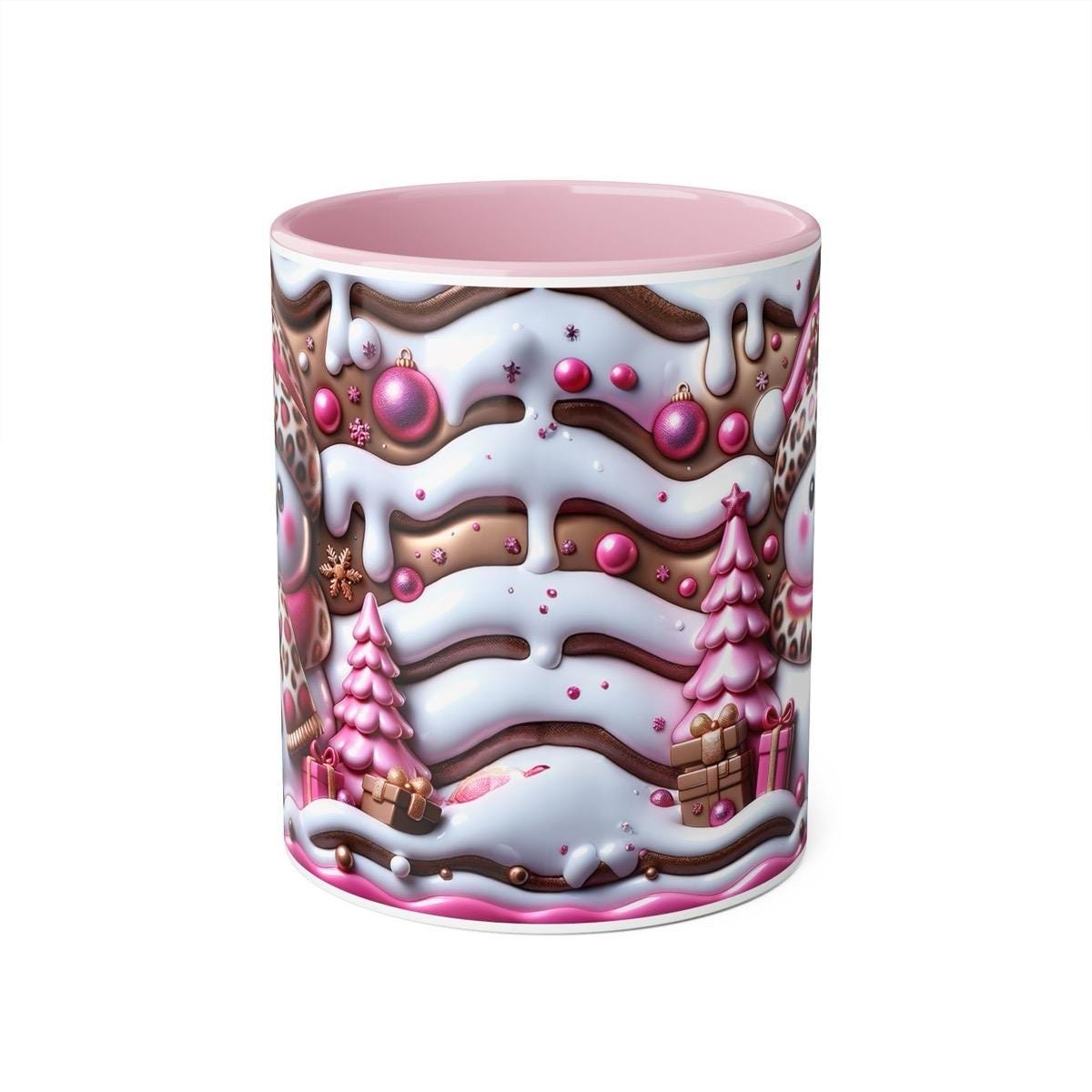 Christmas gift 3d snowman mug with pink interior and handle - perfect for drinks - tumblers, drinkware cup reusable washable reuse coffee ce