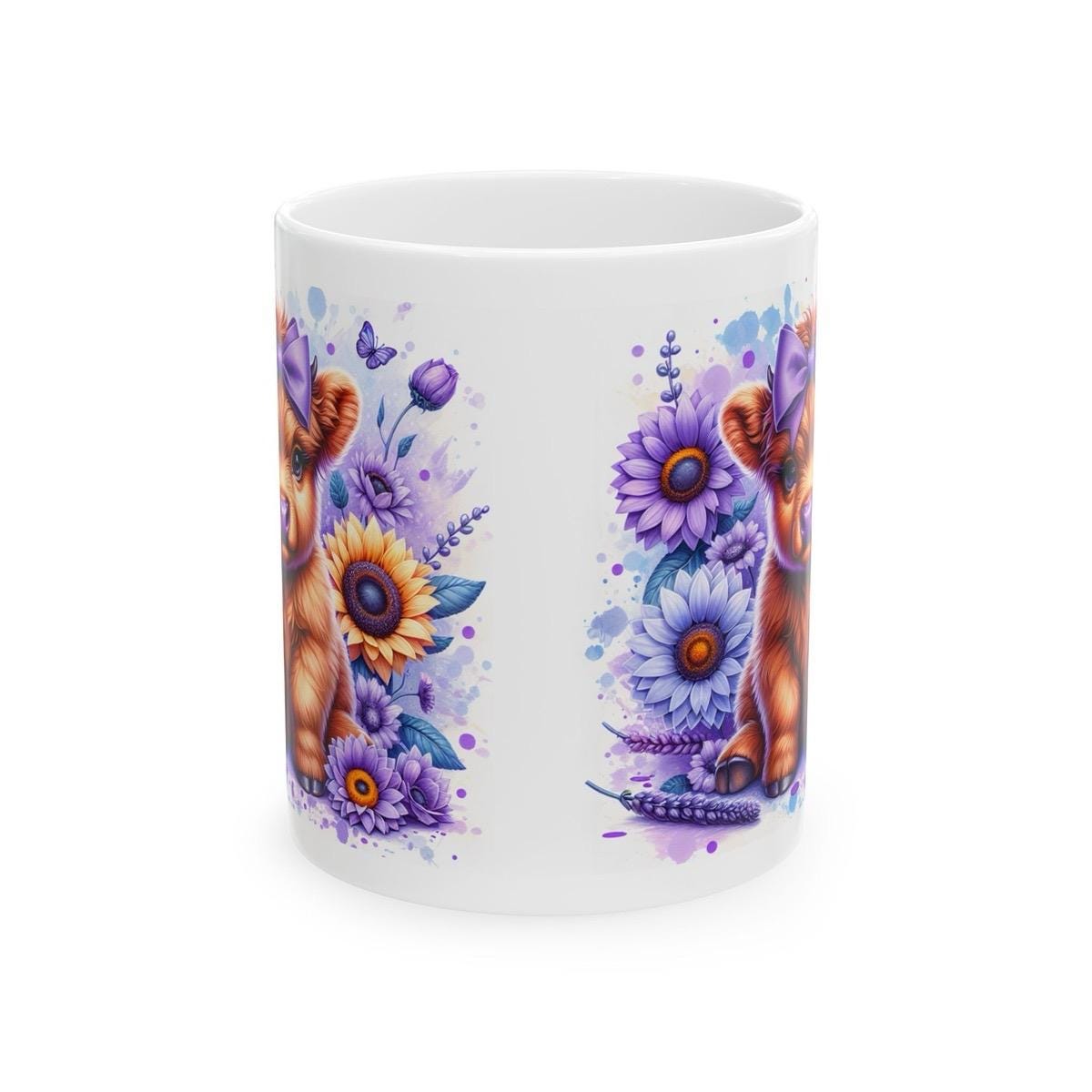 Highland cow in purple flowers 3d mug - perfect for your morning drinks - drinkware washable coffee reusable tumbler reuse ceramic cup xmas