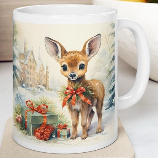 Baby deer fawn christmas mug - secret santa stocking filler - perfect gift drinkware tumbler washable reuse ceramic reusable cup coffee xmas