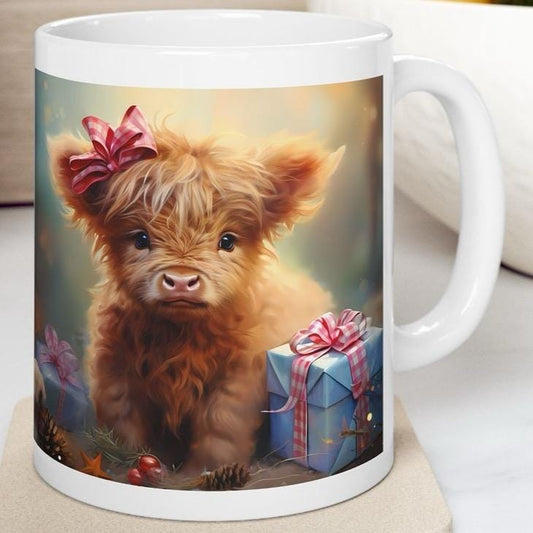 Cute baby highland cow christmas mug - secret santa stocking filler gift drinkware tumbler washable reusable reuse cup coffee ceramic xmas m