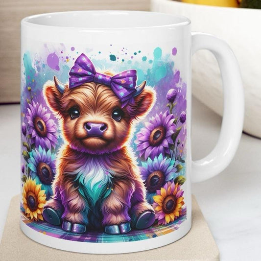 Cute highland cow 3d mug with purple bow - perfect for your morning drinks - drinkware, tumblers cup washable reusable ceramic coffee reuse