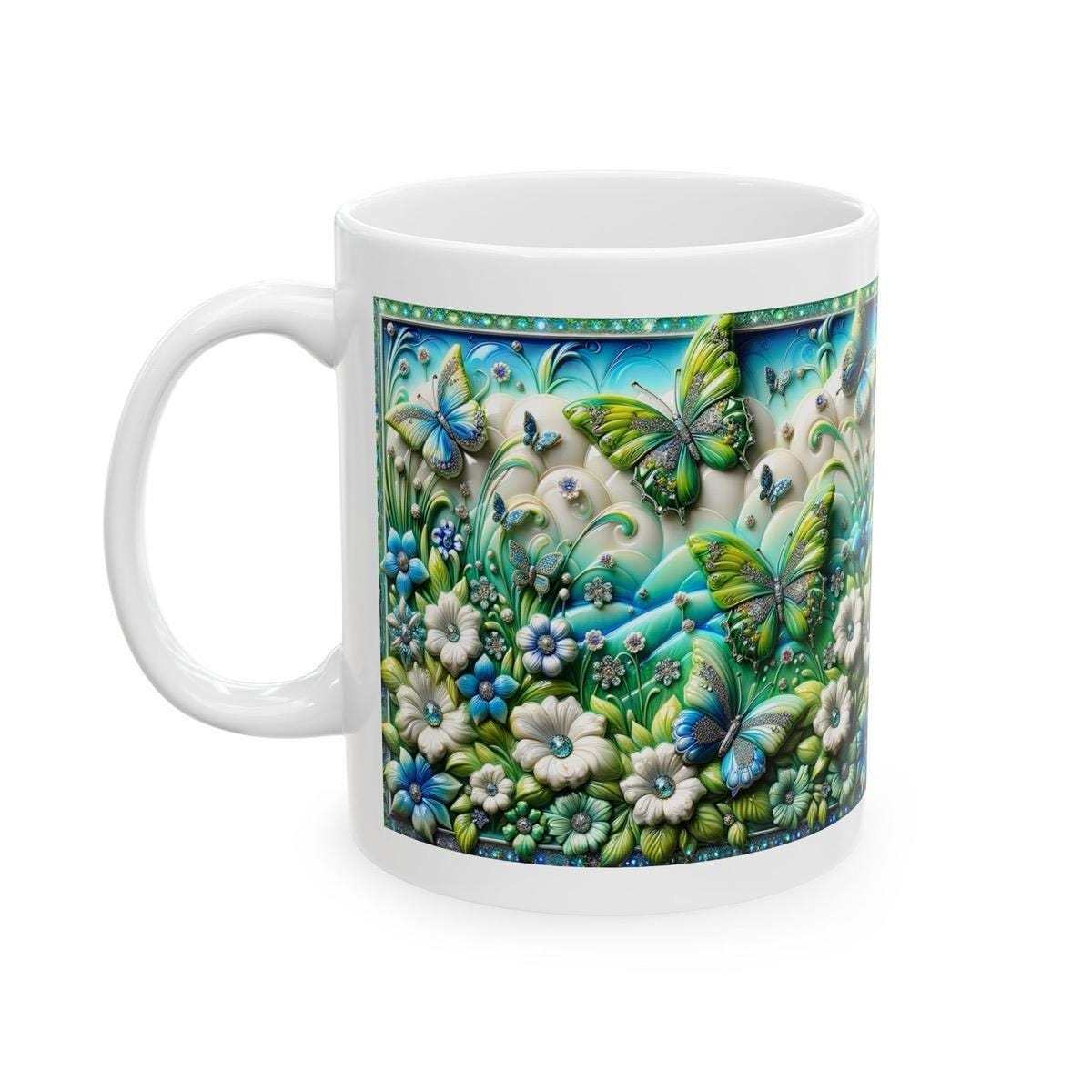 Green blue butterfly garden 3d mug - perfect for your morning drinks - drinkware, tumblers cup reusable washable coffee reuse ceramic xmas