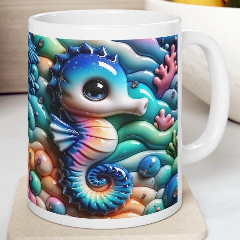 Seahorse serenity cute 3d mug - perfect for your morning drinks - drinkware, tumblers cup bottles washable reusable reuse ceramic coffee xma