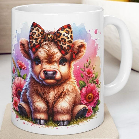 Highland cow with leopard print bow 3d mug - perfect for coffee and tea drinkware washable reuse reusable cup tumbler ceramic printed xmas m