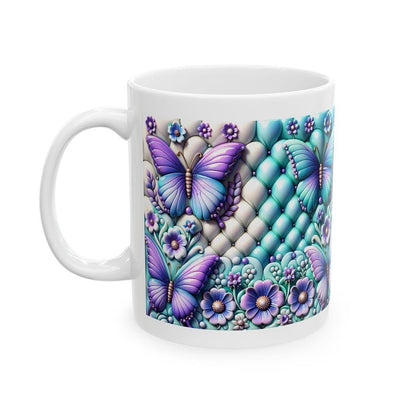 Turquoise purple quilted 3d butterfly mug for hot beverages - drink, drinkware washable reusable cup reuse tumbler coffee ceramic xmas mugs