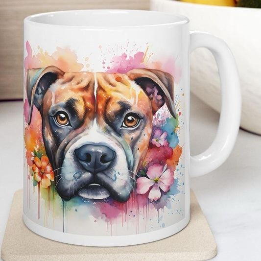Boxer dog art floral mug - perfect gift for dog lovers - xmas, christmas, and birthday puppy - perfect for coffee and tea - drinkware cup wa