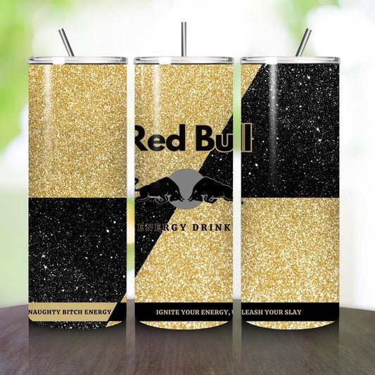 Red bull tumbler 20oz - gold glitter style ‘naughty bitch energy’ ‘unleash your slay’ perfect for on-the-go hydration - vacuum flask