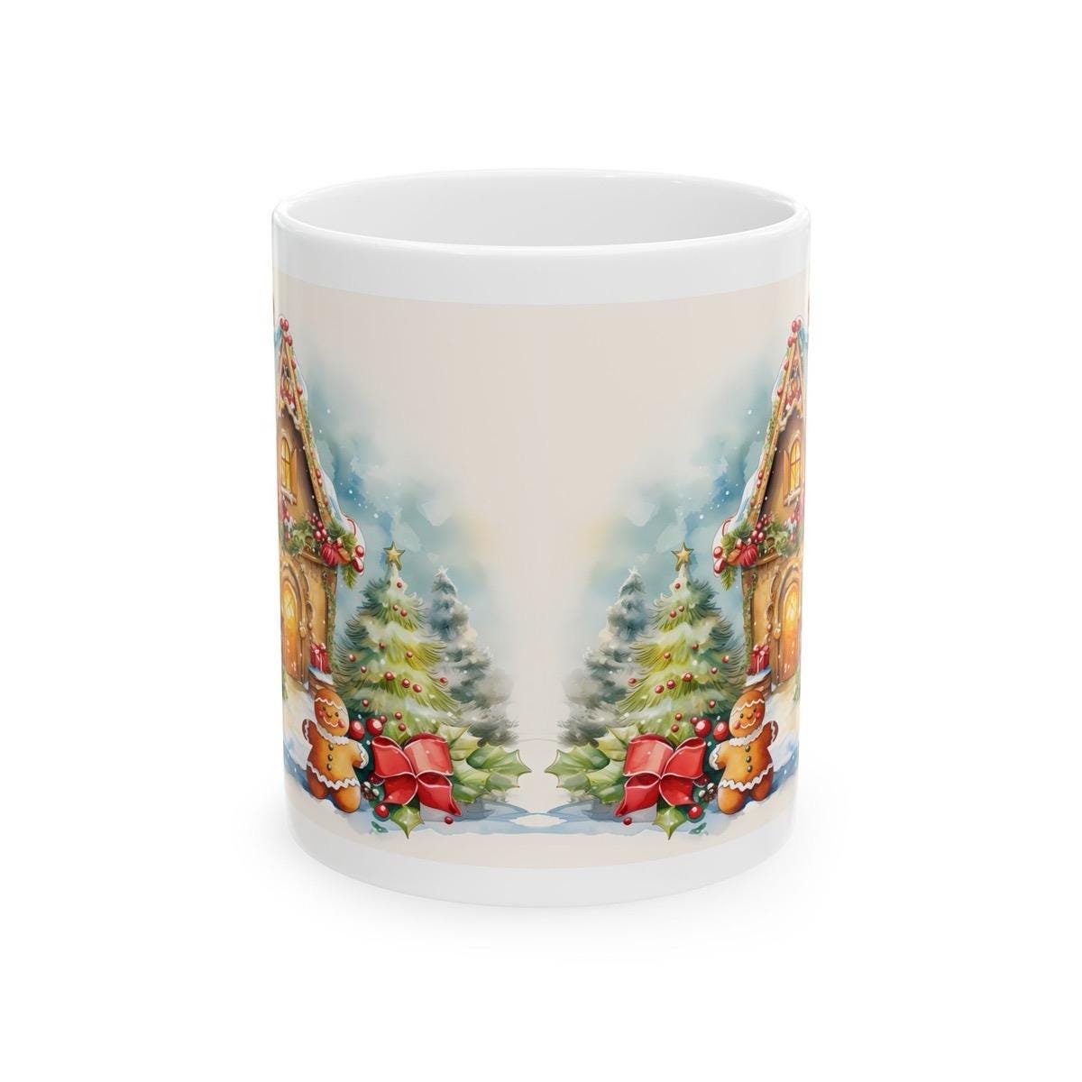 Christmas cottage gingerbread man cute mug - secret santa stocking filler gift drinkware tumbler washable reuse reusable cup coffee ceramic