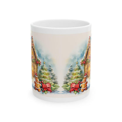 Christmas cottage gingerbread man cute mug - secret santa stocking filler gift drinkware tumbler washable reuse reusable cup coffee ceramic