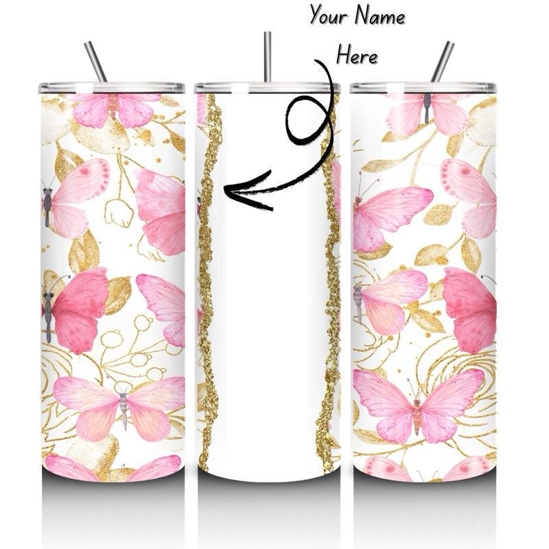 Personalised tumbler butterfly gold pink style 20oz - perfect for on-the-go hydration - vacuum flask - cup drinkware mug bottles water bottl