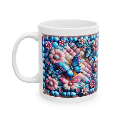 Pink blue quilted 3d butterfly flower mug - perfect for your morning drinks - drinkware, tumblers reusable washable cup coffee reuse ceramic