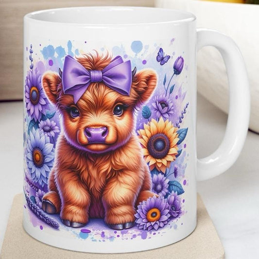 Highland cow in purple flowers 3d mug - perfect for your morning drinks - drinkware washable coffee reusable tumbler reuse ceramic cup xmas