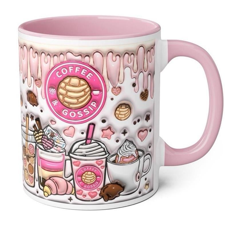 Christmas cute 3d mug with coffee and gossip design, pink interior and handle - drinkware, tumblers cup reusable reuse washable ceramic coff