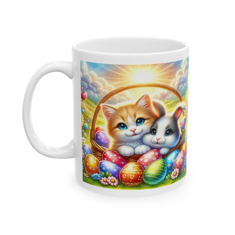 Easter bunny kitten mug - cute gift - perfect for hot drinks - drinkware, tumblers cup bottles reusable washable portable reuse ceramic coff