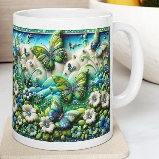 Green blue butterfly garden 3d mug - perfect for your morning drinks - drinkware, tumblers cup reusable washable coffee reuse ceramic xmas