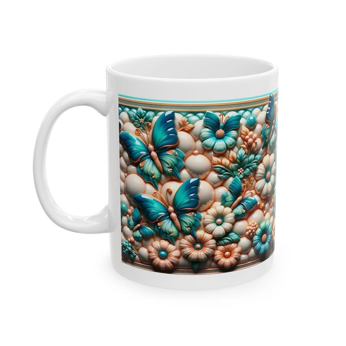 Teal and copper floral butterfly 3d mug - perfect for your morning drinks - drinkware, tumblers cup reusable washable coffee ceramic reuse x