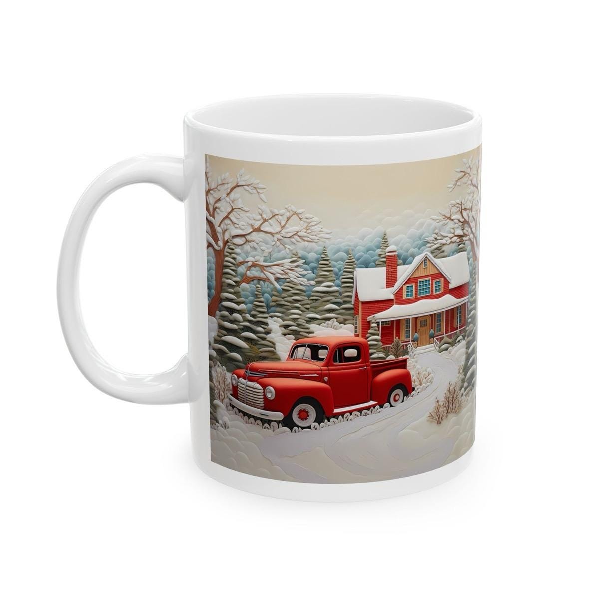Retro truck and house christmas mug - secret santa stocking filler gift drinkware reusable tumbler reuse washable ceramic cup neutral mugs x