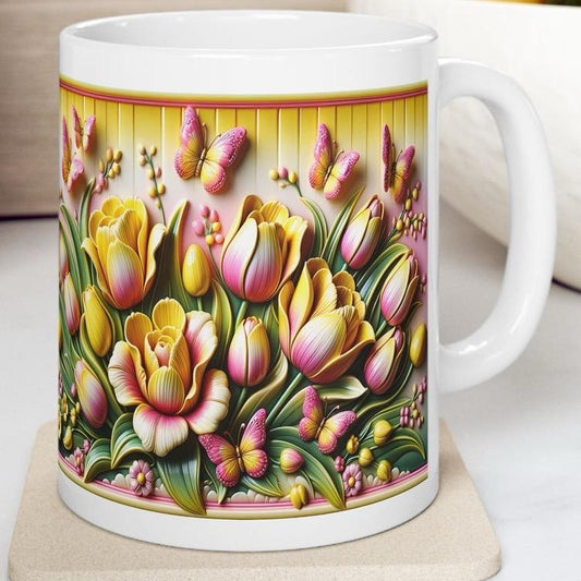 Yellow pink flowers 3d mug - perfect for your morning drinks - tumblers, drinkware reusable washable cup coffee reuse ceramic xmas mugs