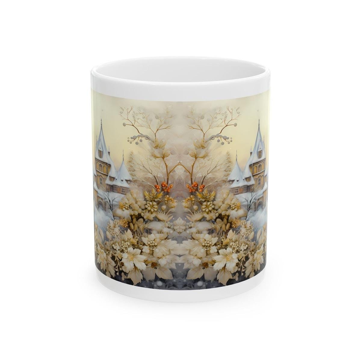 Winter serenity christmas mug with birds castle design - perfect secret santa stocking filler gift drinkware tumbler washable reuse cup cera