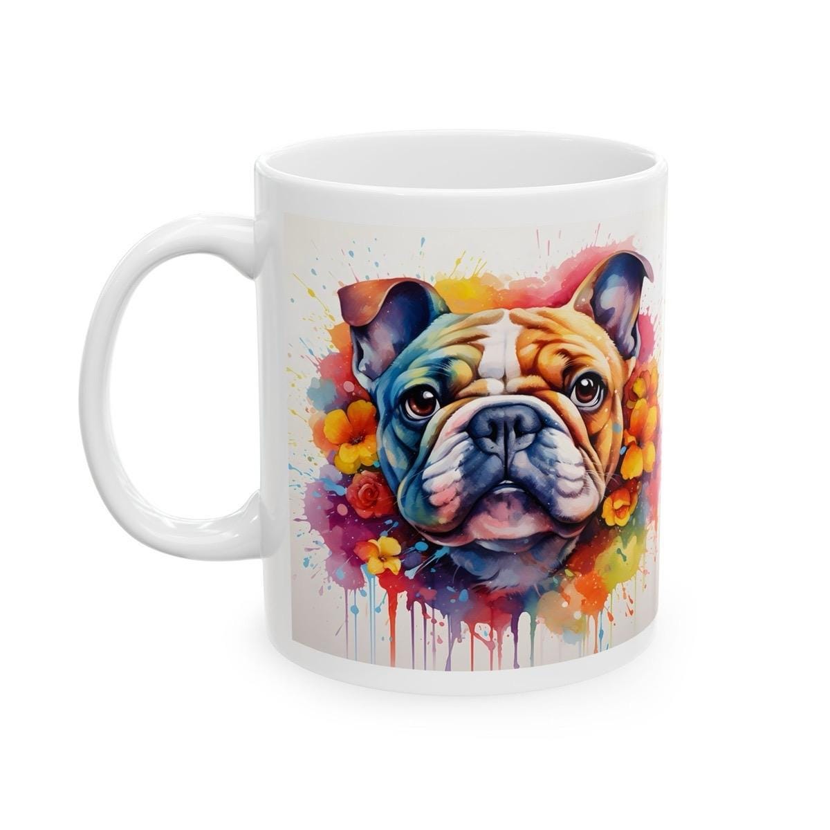 Bulldog art floral mug - perfect gift for dog lovers - xmas, christmas, and birthday - washable - drinkware coffee tumblers reusable cup reu