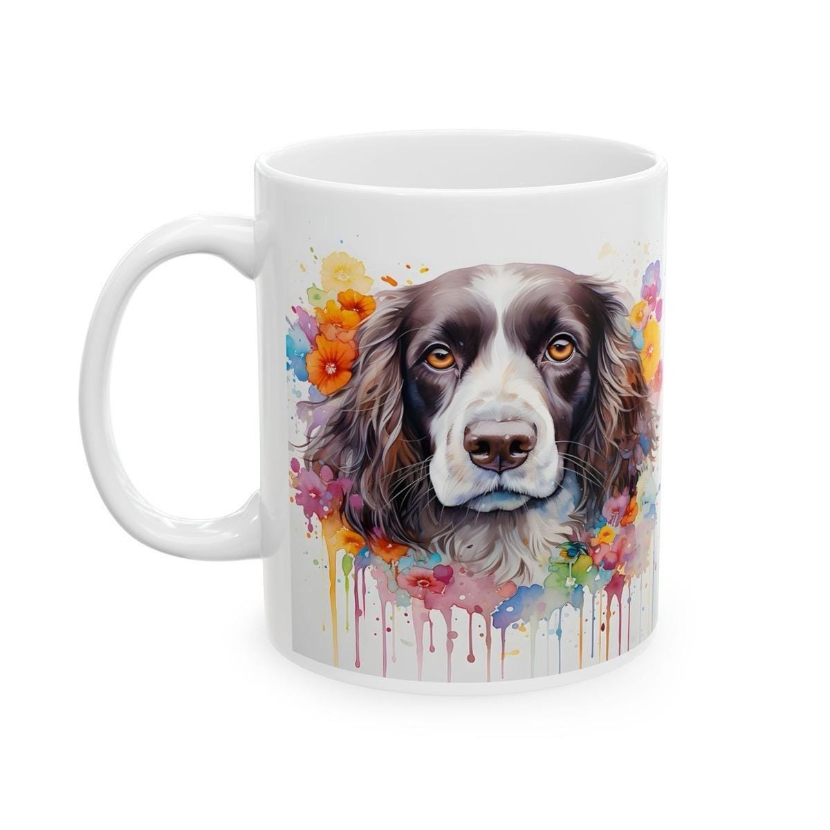 Cute spaniel dog floral art mug gift xmas christmas secret santa birthday puppy flower drinkware coffee washable tumbler reuse cup reusable